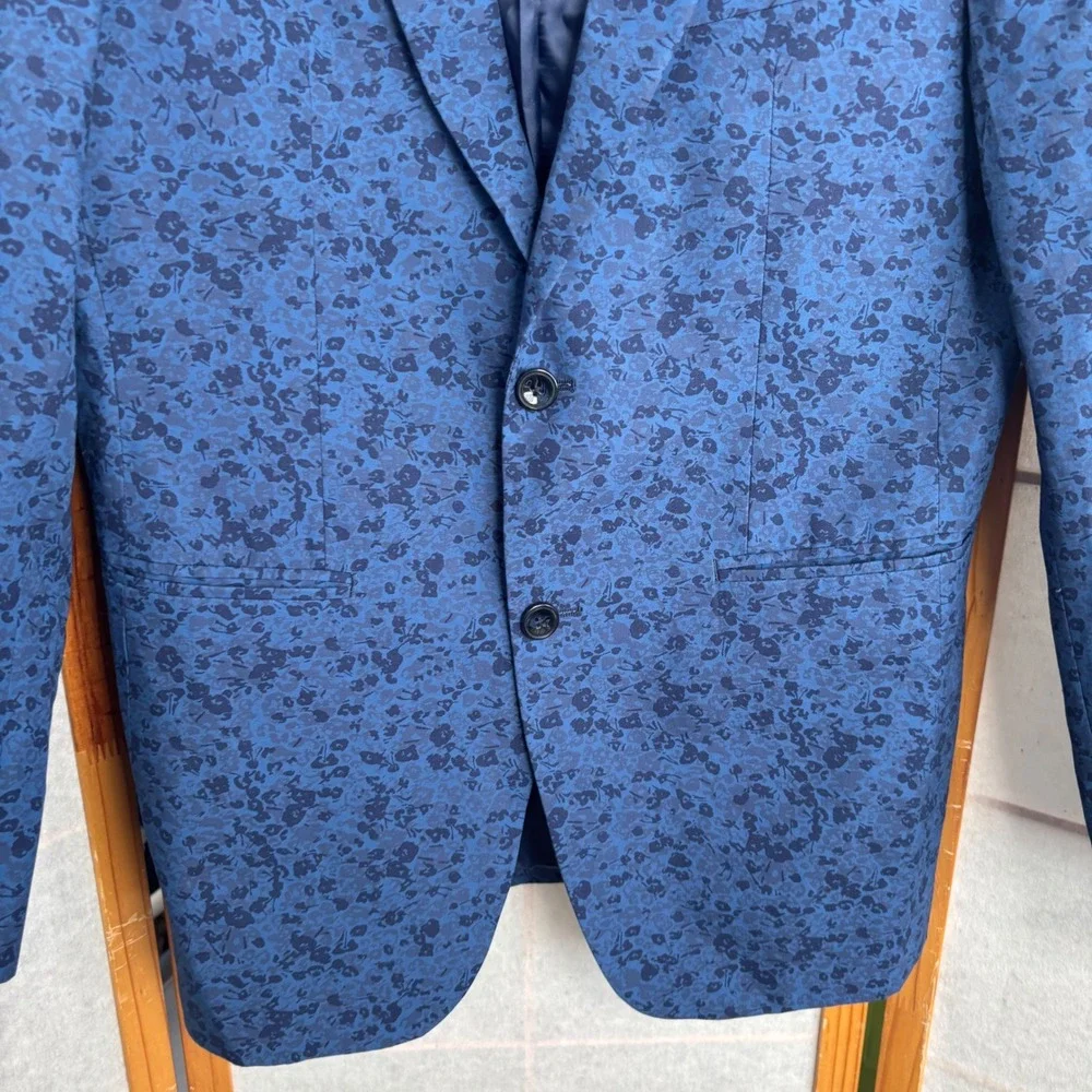 Perry Ellis Portfolio 38R Blue Floral Jacquard Two Button Blazer Jacket Men Slim